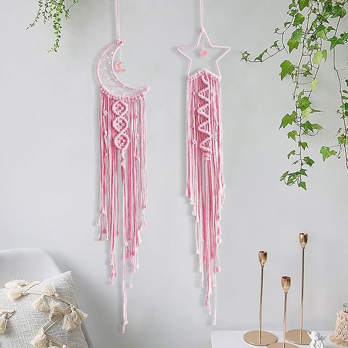 Tarklanda Moon Star Dream Catcher Decor, 2pcs Boho Home Moon Star Dreamcatcher, Macrame Wall Hanging Boho Home Decor for Kids Baby Bedroom Decoration for Women Mom Girls Craft Pink