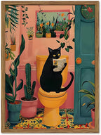 Funny Black Cat Bathroom Wall Art Whimsical Cat Reading Newspaper on Toilet Wall Decor Picture Cute Animal Bathroom Poster Canvas Painting Prints for Restroom 12x16 inch Framed