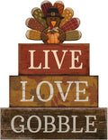 Lineshading 4 Pcs Fall Decorations for Home Wooden Thanksgiving Stacked Block Decor, "Live Love Gobble" Signs with Turkey Topper Thanksgiving Table Centerpiece Rustic Wooden Turkey for Autumn Kitchen