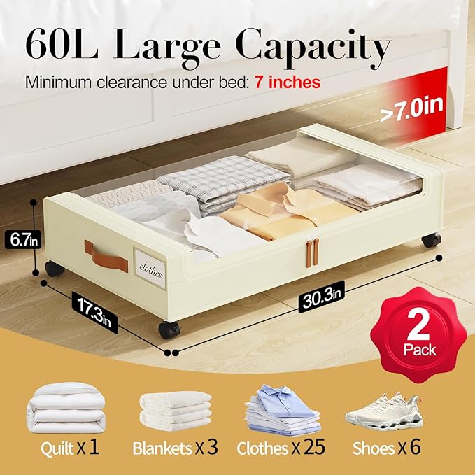 Yecaye Under Bed Storage with Wheels, 2 Pack Under the Bed Storage Containers with Lids & Label, XXL 60L Rolling Underbed Storage Drawers for Clothes, Blankets, Shoes, Beige