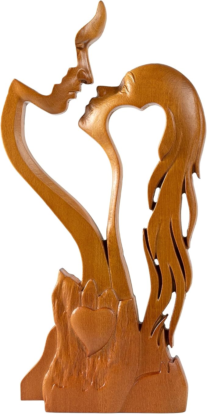 BGCOPPER Wooden Kissing Couple Ornament, Abstract Couple Portrait Sculpture Romantic Love Statue Decor Gift for Women Anniversary Valentine Wedding - 10 Inch