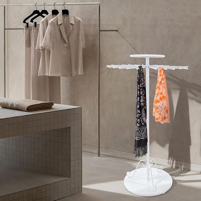 Scarf Display Stand 30-Arm Scarf Holder Organizer Freestanding Scarf Hanger 360° Rotating Rack for Home and Clothing Store (White, 30 Rods)