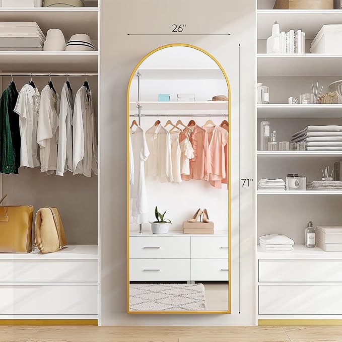 DUMOS 70.4"x25.6" Arched Full Length Mirror with Stand, Floor Body Mirror Shatter-proorf Nano Glass with Aluminum Frame, Free Standing or Hanging Leaning Modern Simple Home Decor, Gold