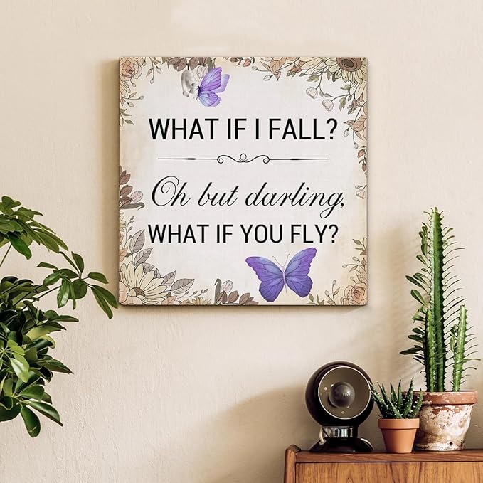 Inspirational Purple Butterfly Wall Art Decor, What If You Fly Motivational Quote Canvas Painting Artwork Picture Posters for Teens Room Bedroom Office (8 X 8 Inches, Framed)
