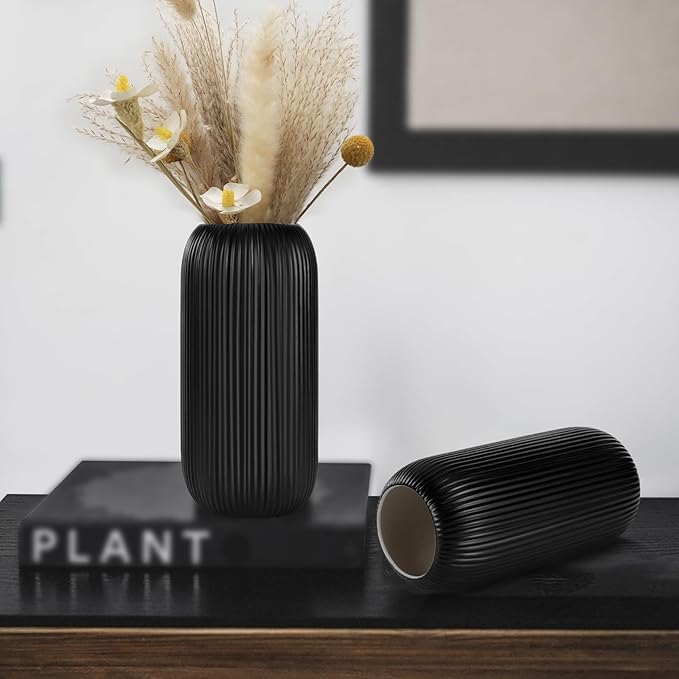 Ceramic Vase for Flowers – Modern Small Ribbed Textured Flower Vase for Home Decor, Pampas Grass, Decorative, Farmhouse, Coffee Table, Kitchen Centerpieces, Bookshelf and Home Living(Matte Black)