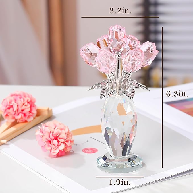 Movdyka Glass Rose Flower Pink Roses Bouquet Home Decor Crystal for Mom Wife Collectible Blown Glass Figurines Desk Ornaments Wedding Decor Romantic Gifts for Women
