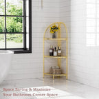 Crofy Foldable 3 Tier Corner Shelf, Metal Corner Plant Stand with Gold Frame and Transparent Shelves, Corner Display Rack Multipurpose Shelving Unit for Living Room, Bedroom, Bathroom
