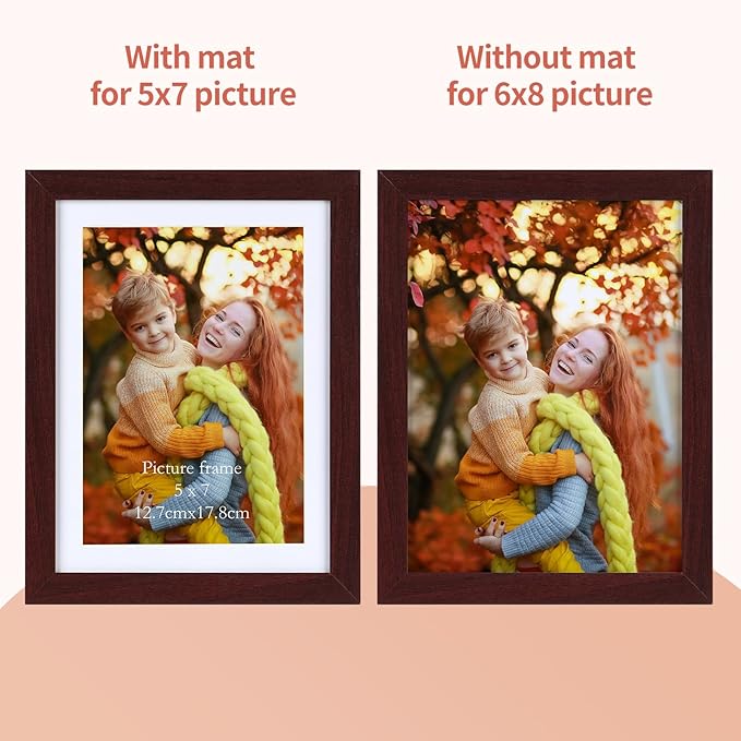 Lyeasw 5x7 Picture Frame Set of 15, Display Pictures 5x7 with Mat or 6x8 without Mat, Multi Photo Frames for Wall Mounting or Tabletop Display, Dark Red