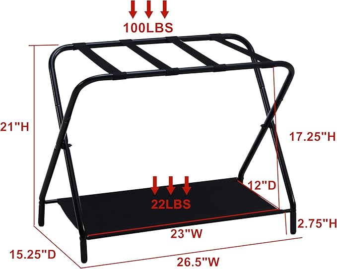 Kings Brand Furniture Shanon Folding Luggage Rack - Suitcase Stand With Storage Shelf - Folding Luggage Rack for Guest Room and Bedroom - Sturdy Portable and Stylish Metal Suitcase Stand - Black