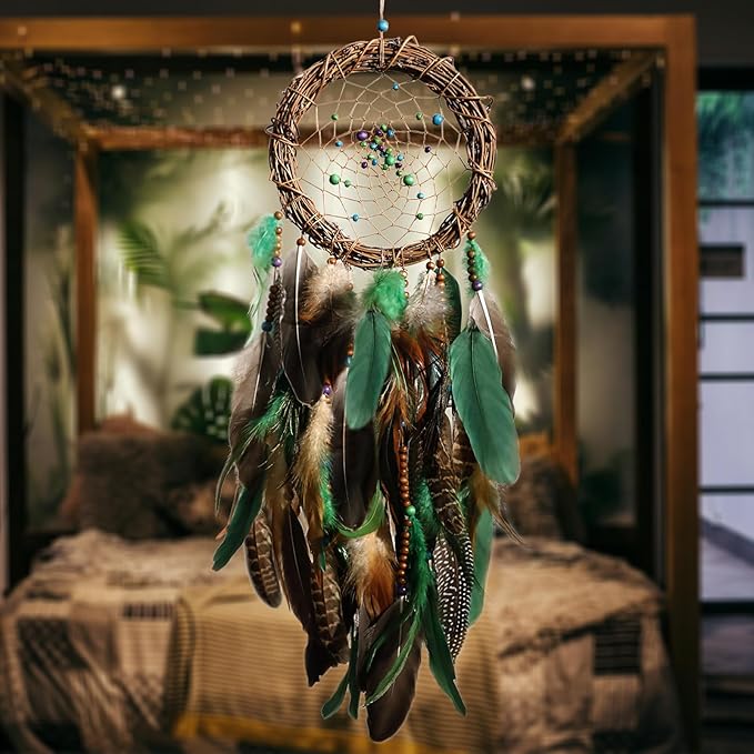Dream Catcher Native American Boho Dreamcatcher Rattan Wall Decor, Handmade Natural Peacock Feathers Green Colorful Beaded Hanging Oranment Indian Decor for Girls Bedroom (Green Peacock Feather)
