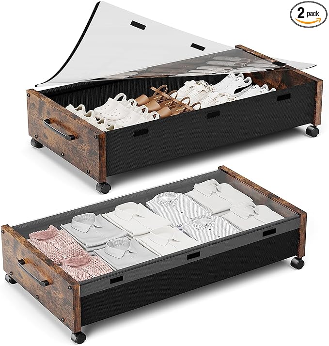 Under Bed Storage with Wheels, Rolling Underbed Storage Drawers, Wooden Under the Bed Storage with Remove Lid, Large Metal Storage Bins for Shoes Blankets Clothes Bedrooms Dorms (Vintage Brown-2pack)