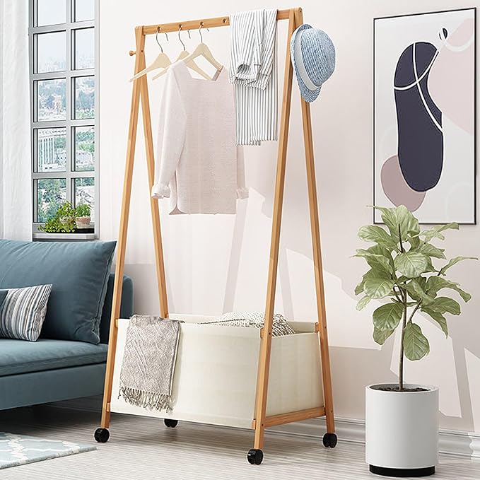 Bamboo Clothing Rack with Top Hanging Garment Rod, 2 Side Hooks & Bottom Fabric Storage Basket and 360° Rotating Wheels, Space-Saving Organizer for toys, Hats, Bags & folded clothes
