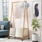 Bamboo Clothing Rack with Top Hanging Garment Rod, 2 Side Hooks & Bottom Fabric Storage Basket and 360° Rotating Wheels, Space-Saving Organizer for toys, Hats, Bags & folded clothes