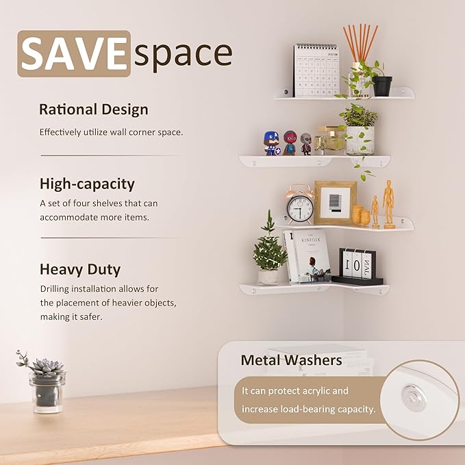 Sezanrpt 8x11.8 Inch Corner Shelf Wall Mount Set of 4, White Acrylic Corner Floating Shelves, Wall Organizer Shelf for Bathroom, Kitchen, Bedroom, Living Room, Dining Room, Office