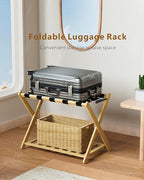 Luggage Racks, Folding Bamboo Suitcase Stand with Storage Shelf and Nylon Straps, Luggage Holders Assembled Suitcase Storage Caddy Holder for Guest Room, Hotel, Bedroom, Natural, Pack of 2