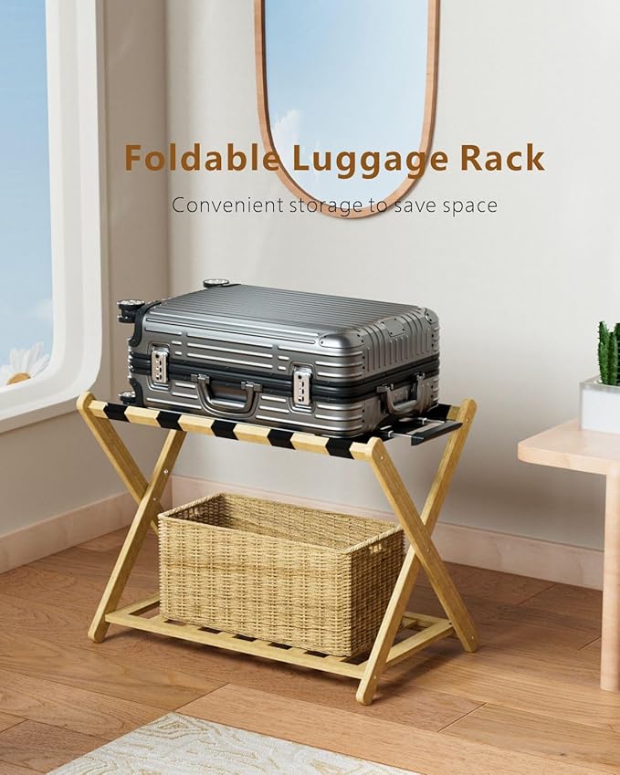 Luggage Racks, Folding Bamboo Suitcase Stand with Storage Shelf and Nylon Straps, Luggage Holders Assembled Suitcase Storage Caddy Holder for Guest Room, Hotel, Bedroom, Natural, Pack of 2