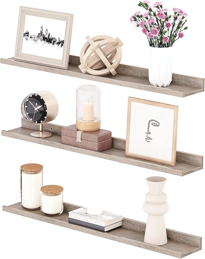 HOOBRO Floating Shelves, Wall Shelf Set of 3, 35.4 Inches Hanging Shelf with Raised Edge and Invisible Brackets, for Bathroom, Bedroom, Kitchen, Office, Living Room Decor, Greige BG90BJ01