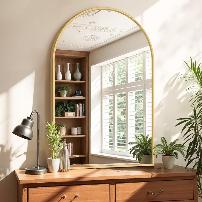 Bathroom Mirror for Wall, 38x26 Inch Arched Mirror, Matte Gold Metal Framed Bathroom Vanity Mirror for Restroom Farmhouse, Anti-Rust, Tempered Glass, Hanging or Leaning