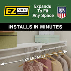 EZ Shelf - Expandable Closet Shelf with Hanging Rod - 41.5" to 74" Closet Shelves Expand - 200 lb Capacity, White - Quick Install Wire Closet Shelving Alternative - Between 1 Side Wall and Back Wall