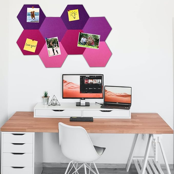 8Pcs Hexagon Felt Cork Board Tiles, Self Adhesive DIY Bulletin Board Pin Board for Office School Home Wall Decor Stickers Memos Photos Display (Gradual Purple)