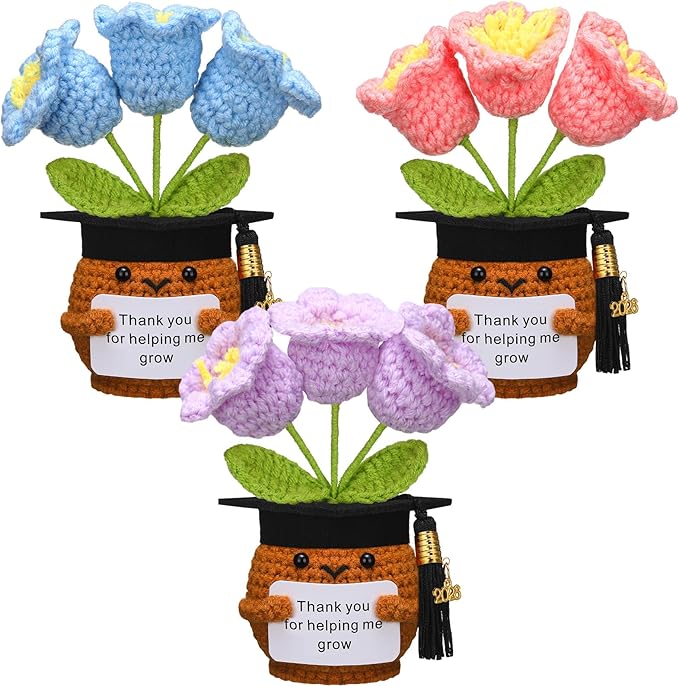 Wavwavw 3 Pack Teacher Appreciation Gift Positive Flower Handmade Crochet Doll Thank You for Helping Me Grow Gifts Back to School Gifts for Women Teacher(Flower with Grad Cap)