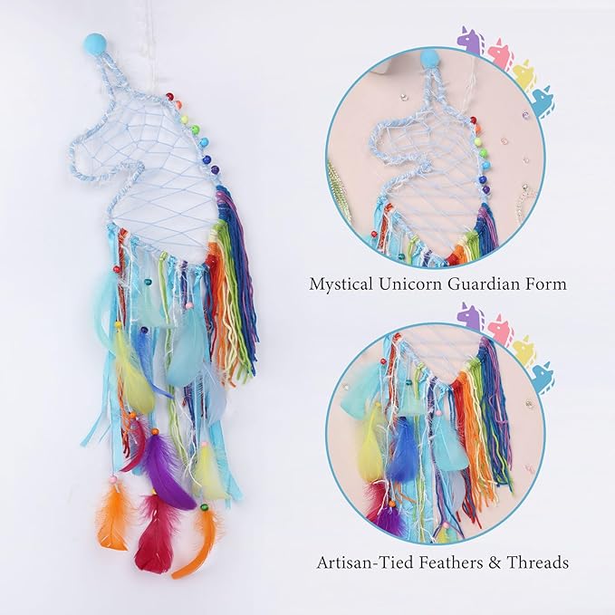 Pretty Jolly Unicorn Dream Catchers for Little Girls Bedroom Handmade Kids Dreamcatcher with Fluffy Pom Poms Feathers&Beads,Nursery Wall Decor for Toddler Girls Room,Children Birthday Gift(Blue)