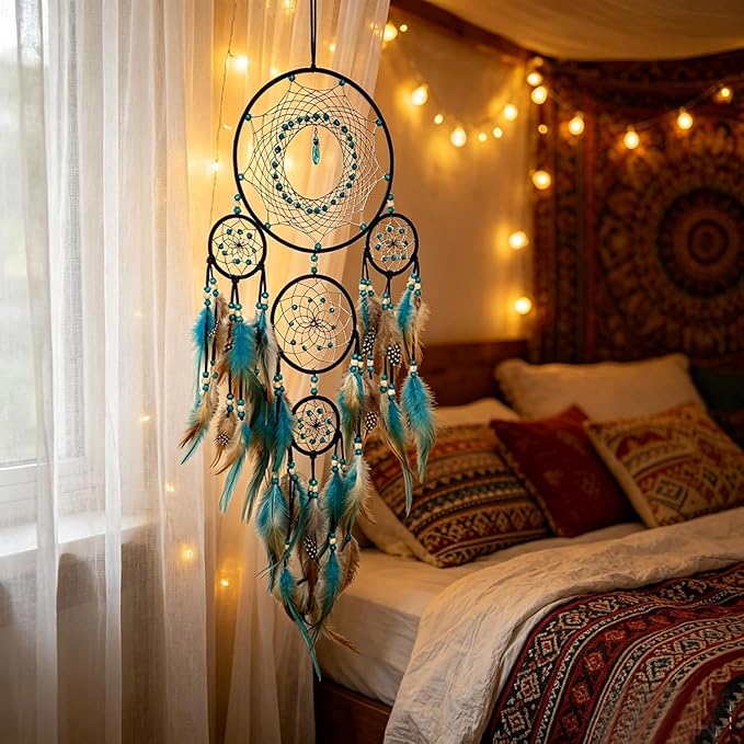 Bohemian 5 Rings Turquoise Dream Catchers with Turquoise Pendant Handmade Native American Style Wall Hanging Decor for Bedroom, Living Room, Boho Home Decor & Gift(Black 5 Rings)