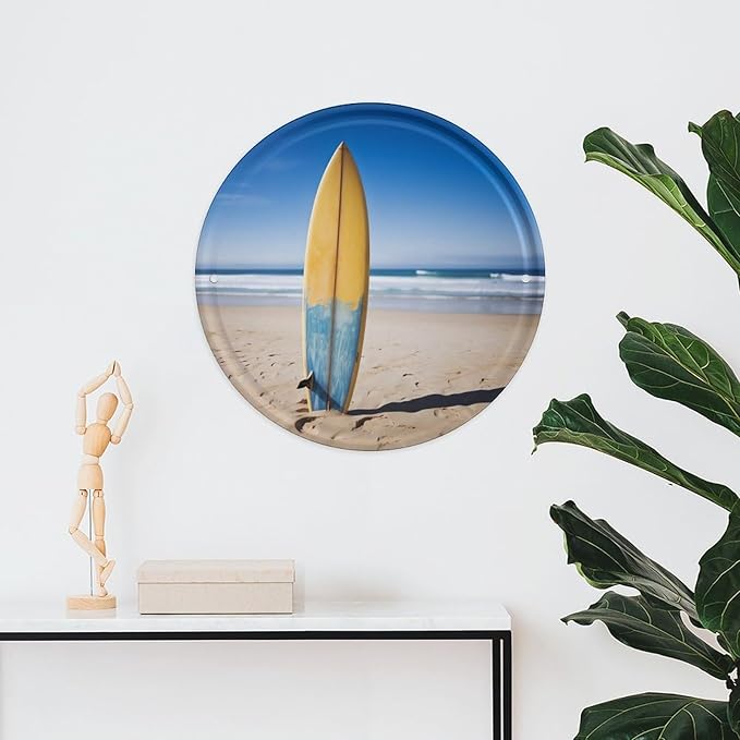Wall Picture, with Beach Surfboard Printed Circular Iron Hanging Picture,Wall Art Decor,Home for Bedroom Living Room Bathroom Decor,Iron Painting 11.8X11.8 in