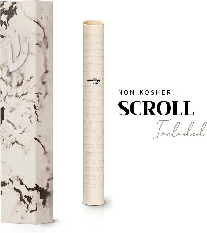 SURI Mezuzah for Door – 5 Inch Marble Off-White Concrete Mezuzah Case with Printed Scroll, Self-Stick Jewish Entry Design, Fits a 4 Inch Scroll, Gift Box Included