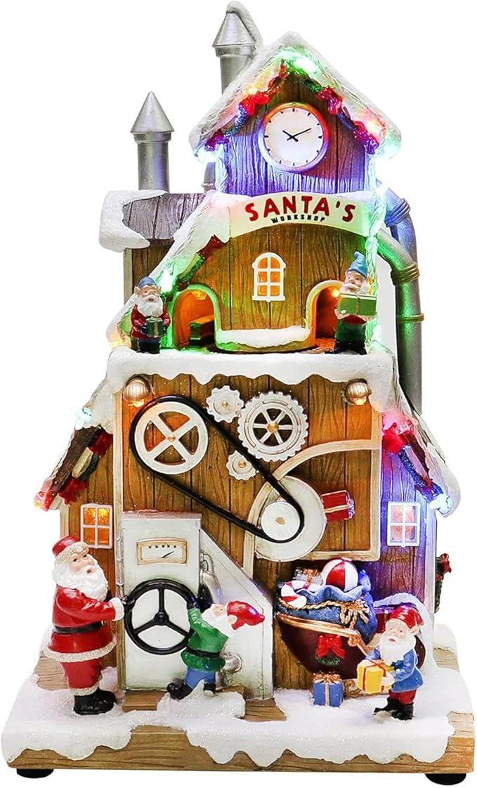 Santa’s Workshop Animated Christmas Village Moments in Time LED Lights, Music & Moving Scene Hand-Painted Polyresin Holiday Building with Adapter Christmas Home Décor Collectible