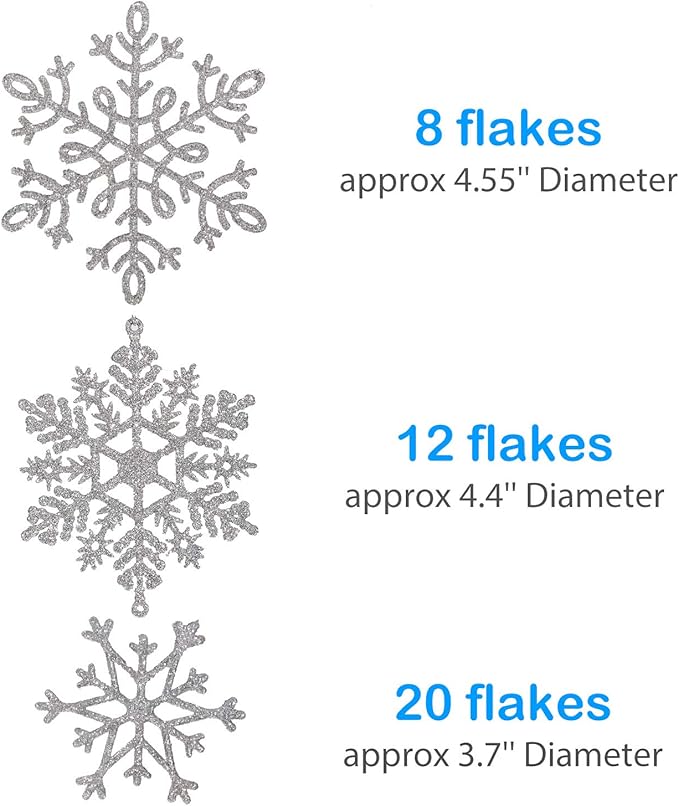 Whaline 40Pcs Silver Glitter Snowflake Winter Snowflake Ornaments Christmas Hanging Decorations with 197 Inches Silver Rope for Wedding Birthday Home Xmas Tree Window Door Accessories