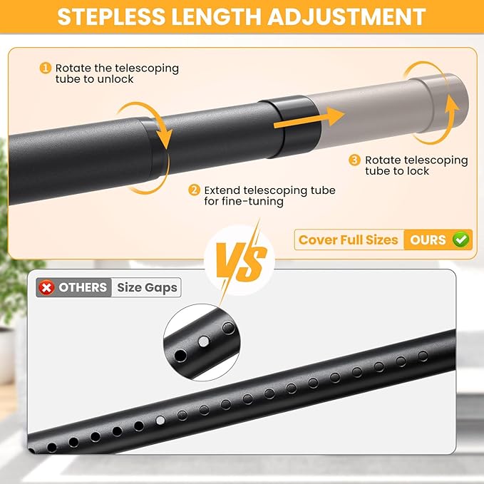 Closet Rods for Hanging Clothes, 17-28 Inch No-Cut Stepless Adjustable Closet Rod, 1.3 Inch Heavy Duty Metal Closet Hanging Rod with Brackets, Black Closet Bar for Closet, Laundry Room, RV, Wardrobes