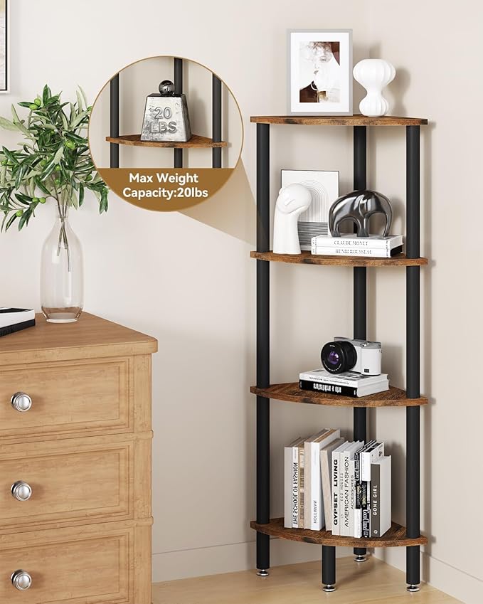 IBUYKE 4 Tier Corner Shelf Stand,Industrial Corner Display Rack,Corner Bookshelf for Living Room, Bedroom, Kitchen, Home Office, Brown WBC014H