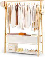 Bamboo Clothes Rack with Storage Box and Storage Shelf, Portable Extra Large Garment Rack Clothing Rack, Foldable Wardrobe For Entryway and Bed Room (L - 47.2 Inch)