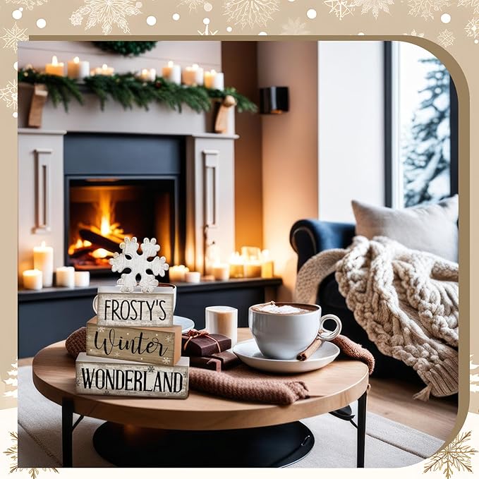 Lineshading 4 Pcs Winter Table Decorations Wooden Snowflake Decor Winter Tiered Tray Decor Rustic Snow Block Signs Gift Farmhouse Snowflake Table Centerpiece for Wonderland Party Kitchen Home