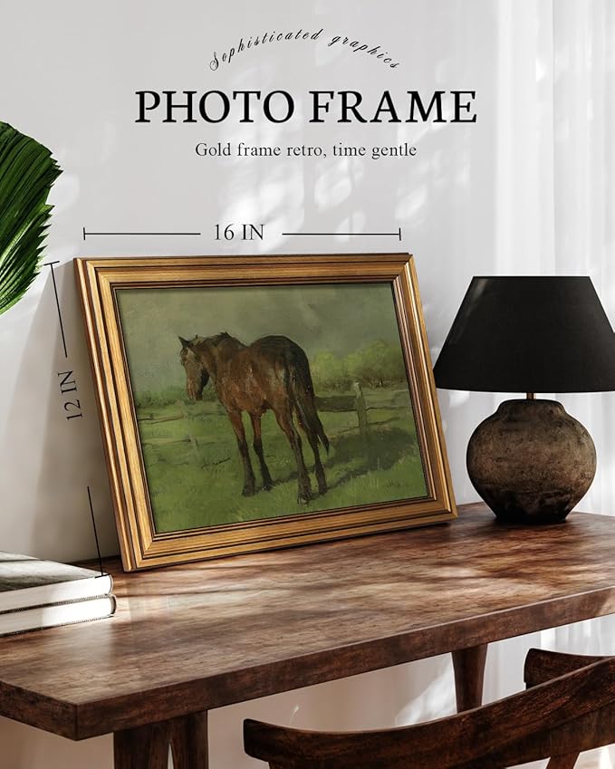 VIYYIEA Vintage Gold Framed Wall Art for Living Room, Horse Canvas Prints Home Decor, Oil Painting Picture, Bedroom Wall Decor Gifts for Friends or Family -【Horse】-(16L x 12W)