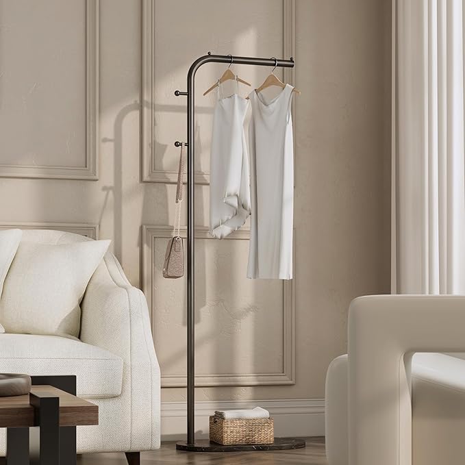 Freestanding Clothing Rack with Marble Base, Modern Garment Rack for Small Spaces, Sturdy Metal Coat Rack with Hooks, Clothes Rack for Hanging Clothes in Bedroom, Closet, Entryway (black)
