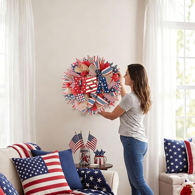 24Inch 4th of July Wreath, Patriotic Burlap Wreath for Front Door,Stripe and Stars Wreaths for USA 250th Anniversary, Memorial Day American Flag Printed Decorations for Outdoor (Wreath-2)