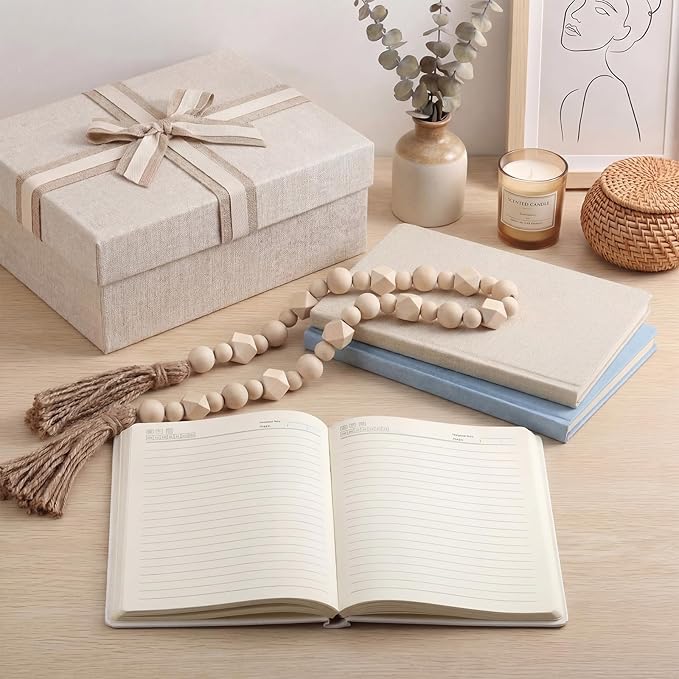 Feifeiya 3 Pieces Faux Decorative Books Set for Home Decor Fake Book for Shelves Coffee Table Stacked Linen Covered Display Notebook with Wood Bead Bookend Gift for Living Room(Gray Blue)