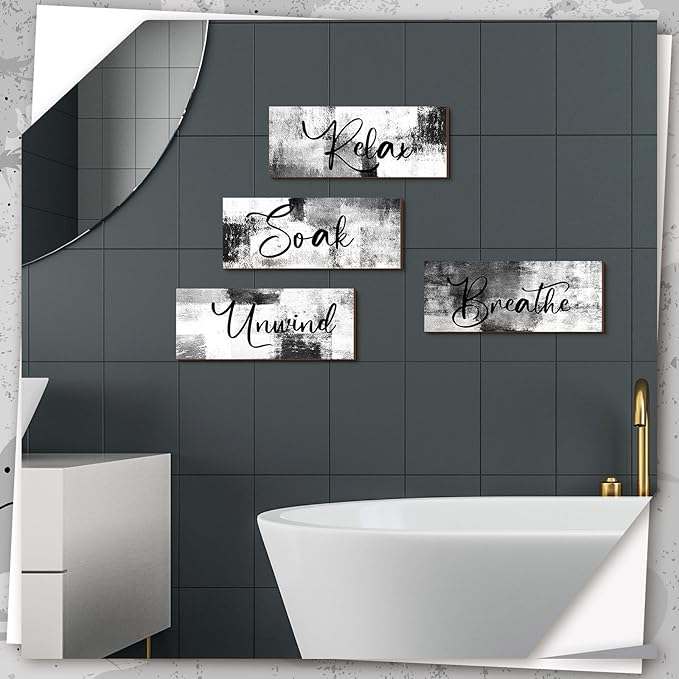 Maitys 4 Pcs Bathroom Wall Decor 10 x 4 Inch Bathroom Wall Art Contemporary Wood Restroom Pictures for Soak Unwind Relax Hanging Sign Spa Rustic Vintage Farmhouse Pediments(Black and White)