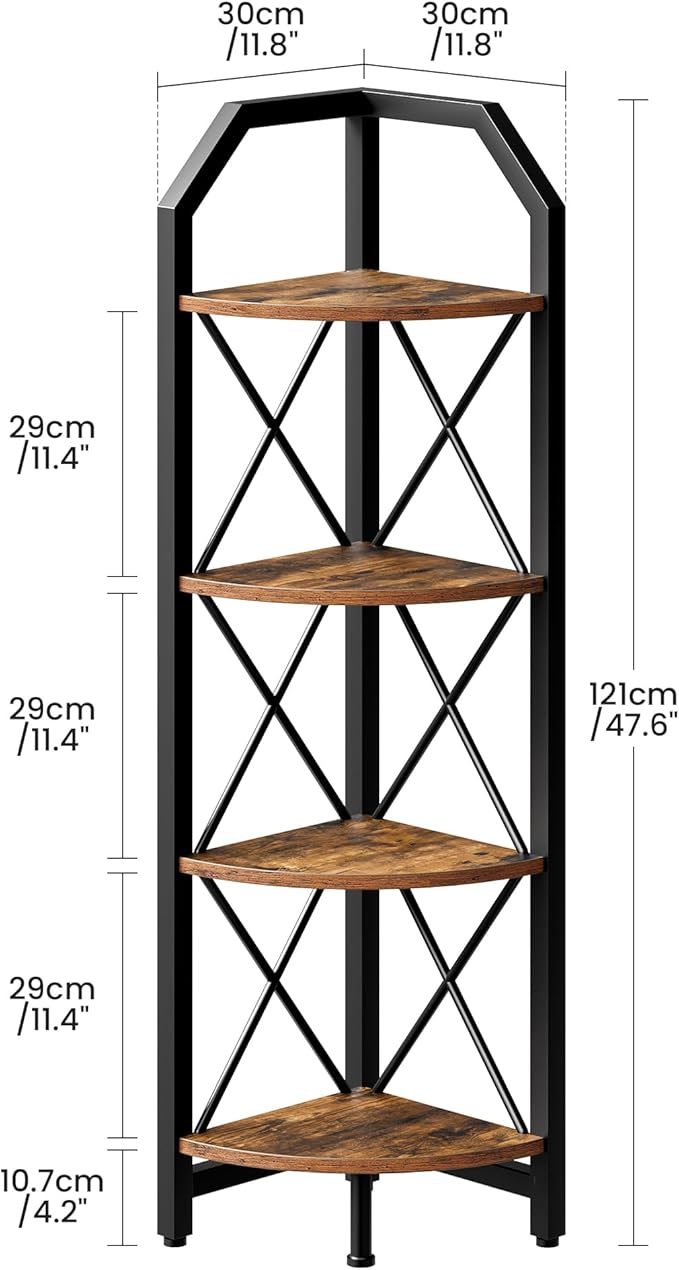 CHOEZON 4-Tier Rustic Brown and Black Corner Shelf, 4-Shelf Industrial Corner Bookshelf, Space-Saving Corner Storage Stand, Plant Stand Display Shelf, Bedroom, Living Room, Home Office