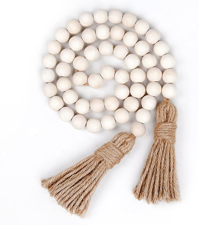 Wood Bead Garland Farmhouse Beads with Tassels,Farmhouse Tassel Garland Country Wall Hanging Decor Prayer Beads(39 inches/Nature)