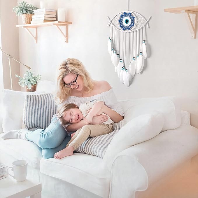 Dremisland Evil Eye Dream Catcher-White Dream Catchers Handmade Feather Evil Eye Wall Hanging Ornament Home Decoration for Bedroom Livingroom Yard, Blessing Craft Gift Bring Good Luck (Pure White)