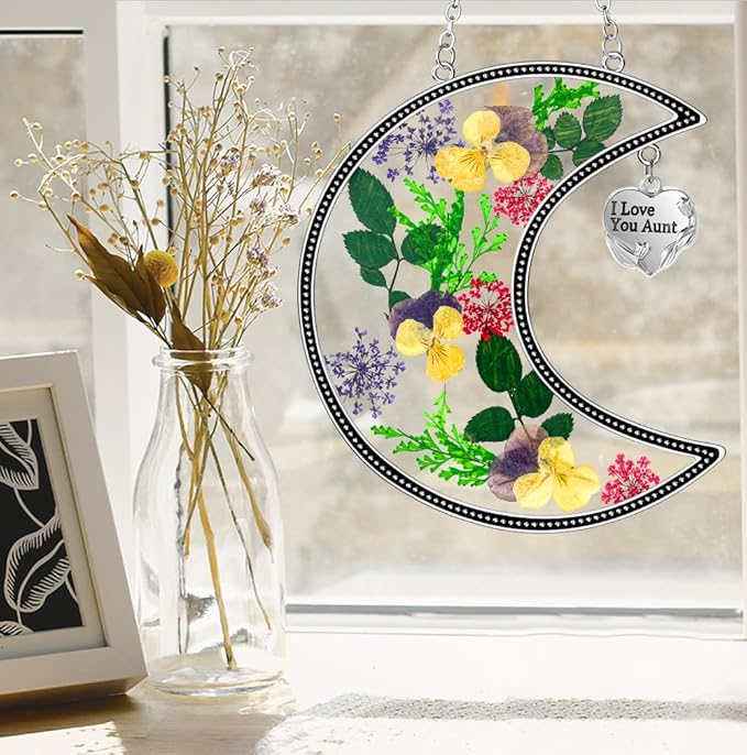 KY&BOSAM Moon Suncatchers Aunt Gifts for Mom Family Friends Stained Glass for Windows Wind Chimes Real Flower Colorful and Metal I Love You Aunt Heart Chain Outdoor for Garden Indoor Home Trees Decor