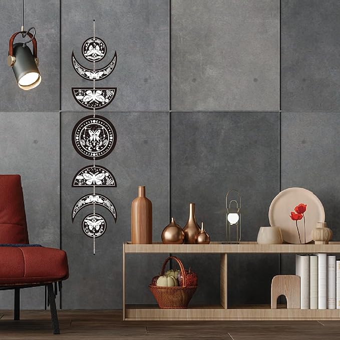 CREATCABIN 7Pcs Moth Tarot Moon Cycle Wall Hanging Half Round Wood Pendant Moon Hang Moon Phase Home Ornaments Wooden Moon Wall Decor Supplies for Bedroom Farmhouse Gallery Apartment Bar 37.1x6.3in