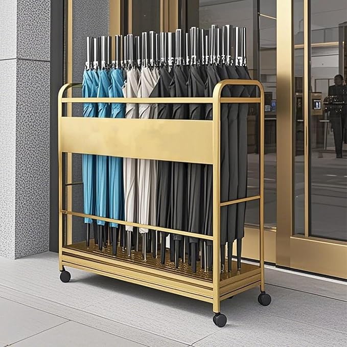 Metal Frame Commercial Umbrella Stand with Removable Drip Tray Large Capacity Heavy Duty Umbrella Holder with wheels for Entryway, Office(Gold,100 * 20 * 70CM/39.4 * 7.9 * 27.6IN)