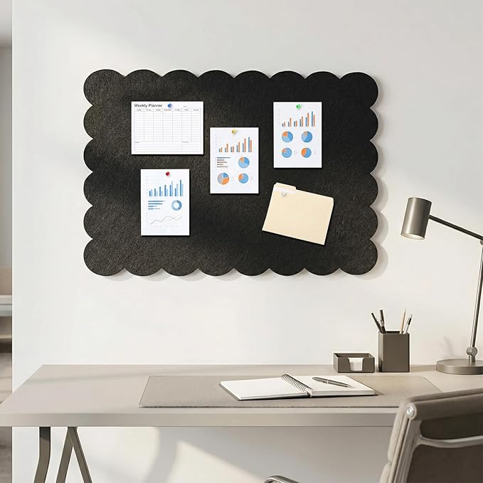 Foldable Decorative Scalloped Felt Bulletin Board 24 * 16 Inches for Wall, Alternative Photo Board Self-Adhesive Vision Board Decorative Pin Board for Wall (Black)
