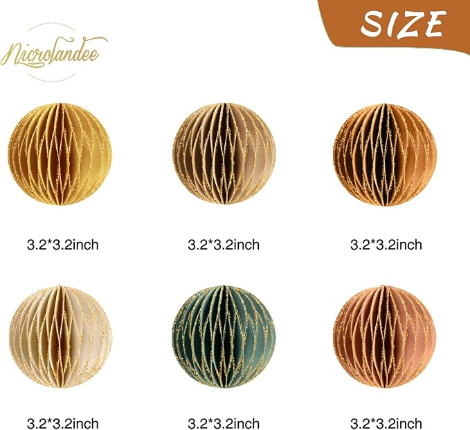 NICROLANDEE Christmas Hanging Decorations, 6 PCS Nature Round Glitter Edge Paper Honeycomb Ornaments, Green Brown Mini Paper Lanterns Ornament for Christmas Tree Décor, New Years Party Home Decor
