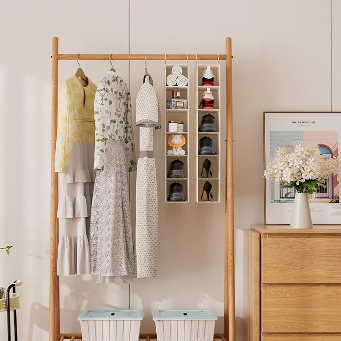 VERONLY Hanging Closet Shelf Shoe Organizer Set of 2 with Woven Bamboo Shelves,11.5 x 31.5 x 5.5 in, 6-Tier Design for Space-Saving Storage,Beige