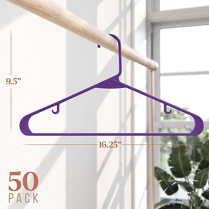 Plastic Hangers 50 Pack Purple - Clothes Hangers - Makes The Perfect Coat Hanger and General Space Saving Clothes Hangers for Closet - Percheros Ganchos para Colgar Ropa Hangars